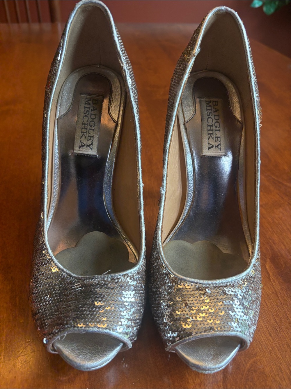 Badgley Mischka Silver/Gold Sequin Peep-Toe Heels